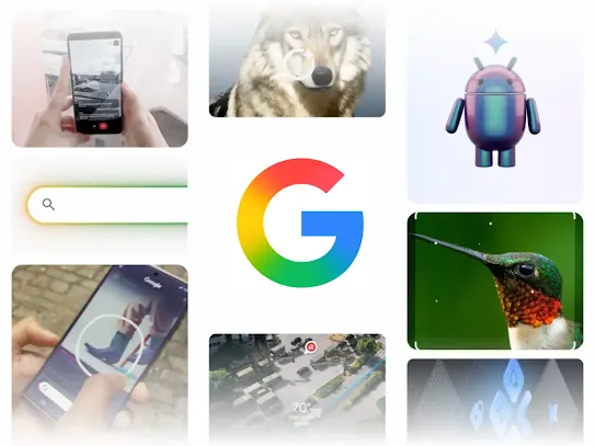 Логотип Google оточений зображеннями зокрема створеними ШІ, функція "Circle to Search", Project Astra, робот Android та інше.