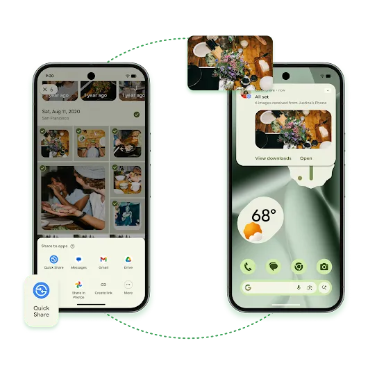 An Android phone using the Quick Share feature to send a photo to another Android phone.