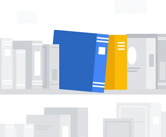 Rak buku yang tertata rapi dengan buku kuning dan biru yang merepresentasikan jenis informasi