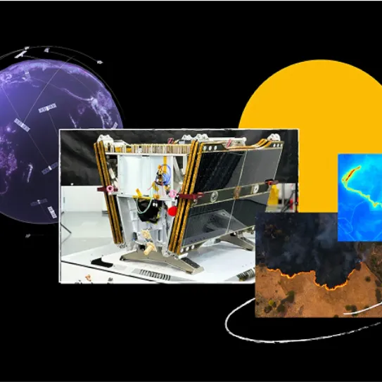 A digital collage-style image featuring a satellite in the center, surrounded by visual elements including a glowing globe labeled "Low Earth Orbit," thermal or topographic maps, and a large yellow circle representing the sun.
