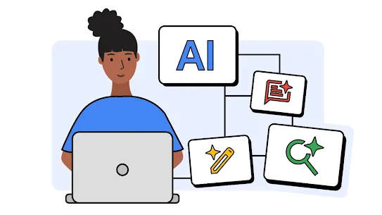 Seorang gadis melihat komputer ribanya dengan 4 kotak ikon menunjukkan, "AI", "percikan sembang", "percikan pen" dan "percikan carian"