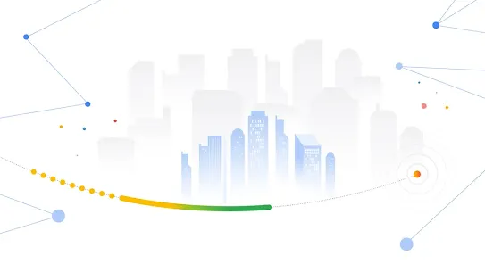A minimalist digital illustration featuring a faint, light-grey city skyline in the center. Abstract blue nodes and lines connect across the white space, with a prominent yellow-to-green curved dashed line arcing across the bottom, ending at a glowing orange circular target.
