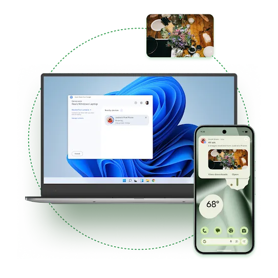 A phone using the Quick Share feature to a send a photo to a Windows laptop.