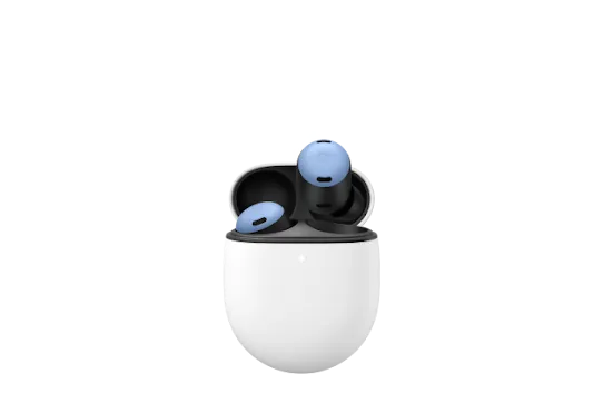 A pair of earbuds with the case open and one of the buds coming out.