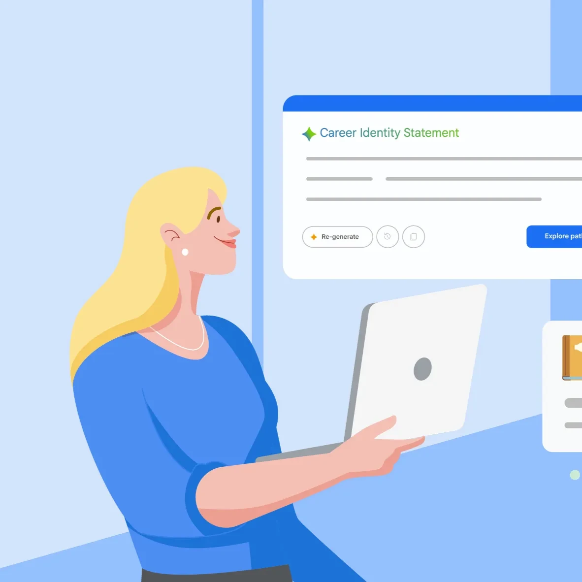 An illustration shows a blonde woman looking at a laptop