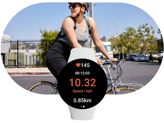 In the foreground, a smartwatch with the Strava app is open showing time and distance. Behind it, a person rides a bike while looking back.