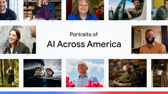 An image of the phrase ‘Portraits of AI Across America’ which sits above a horizontal line in blue and red gradient.