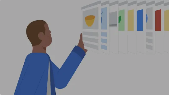 Ilustrasi seorang pria melihat serangkaian halaman web