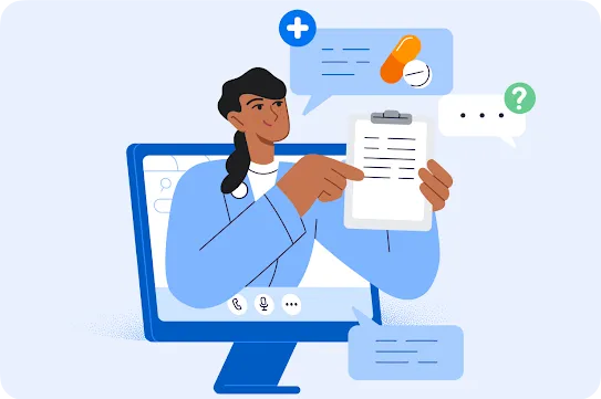 An illustration of a doctor on a video call holding a clipboard, with chat bubbles containing medical symbols.
