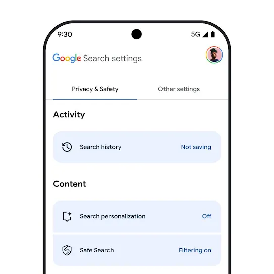 Visual of Google Search settings on smartphone screen, including settings for Search history, Search personalization, and Safe Search.