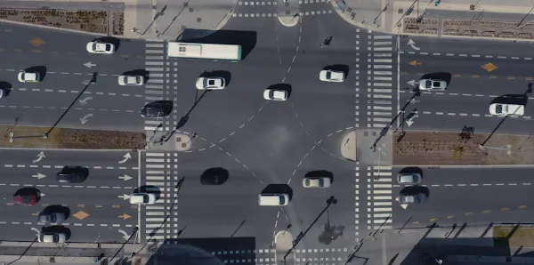 An aerial view of a busy traffic intersection