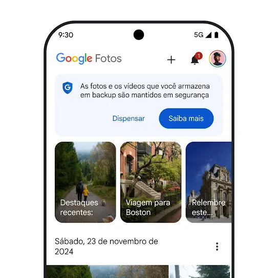 Imagem da tela de um smartphone com o Google Fotos aberto, mostrando uma mensagem de segurança que diz "As fotos e os vídeos que você armazena em backup são mantidos em segurança", e um botão clicável para saber mais.