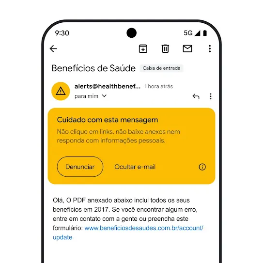 Imagem do Gmail na tela de um smartphone, mostrando um alerta de segurança sobre uma possível tentativa de phishing.
