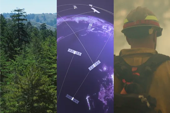 Kolase menampilkan hutan, rendering konstelasi FireSat, pemadam kebakaran di tengah kebakaran hutan, dan model perubahan angin di atas lokasi kebakaran hutan.