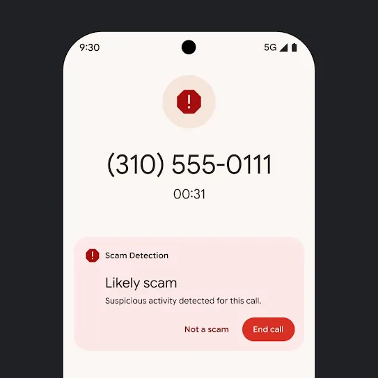 Visual of a Pixel smartphone home screen displaying a notification of an automatically declined spam call.