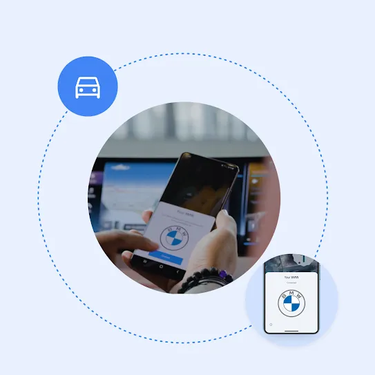 A pair of hands holding a phone in front of a tablet mounted on a car dashboard, displaying a "Connect" button and the BMW logo. Surrounding this, the BMW logo and a car icon are connected by a dotted line.