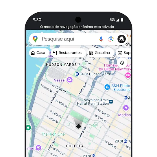 Imagem de um smartphone com o Google Maps aberto e o texto na tela diz que o modo de navegação anônima está ativado.