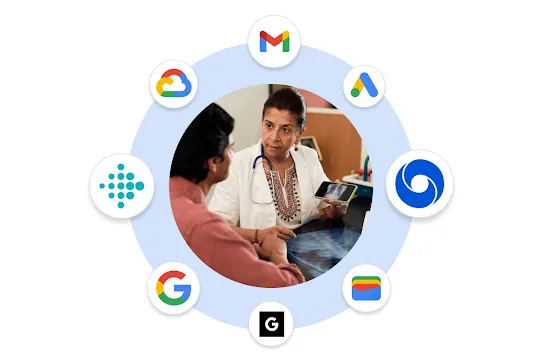 An illustration showing a doctor speaking with a patient, surrounded by Google icons including Gmail, Drive, DeepMind, Wallet, Research, Search, Fitbit, and Cloud, representing the integration of health and technology.