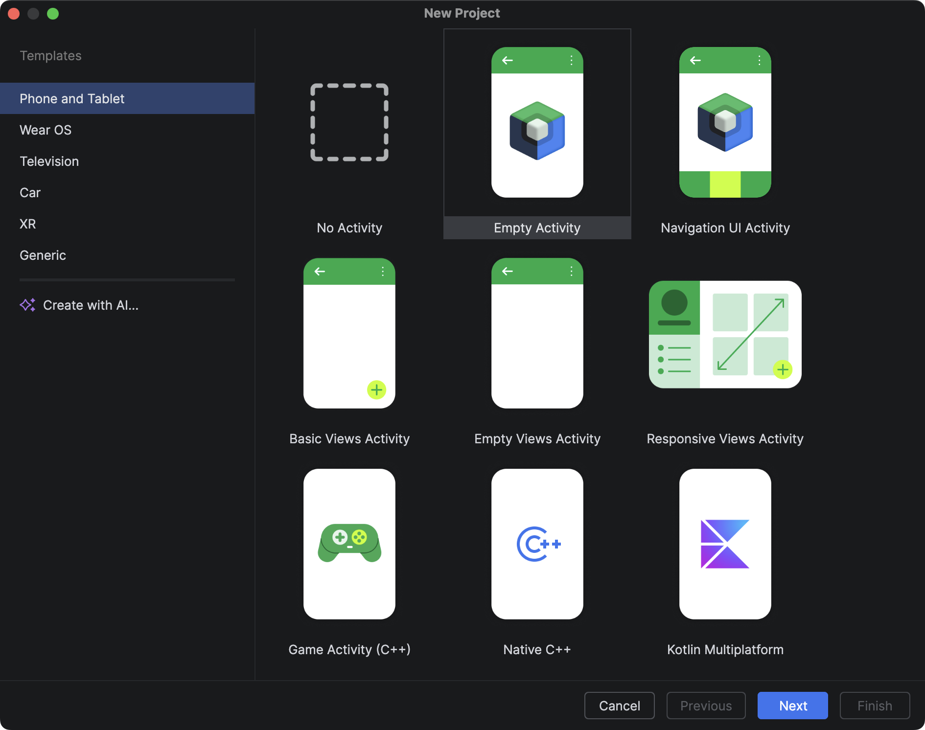 La nuova finestra di dialogo del progetto, che contiene schede per vari tipi di
         modelli di app, come Attività vuota, Attività UI di navigazione e
         così via. La finestra di dialogo include anche il controllo "Crea con l'AI", che
         attiva Gemini in Android Studio per configurare un nuovo progetto
         per te.