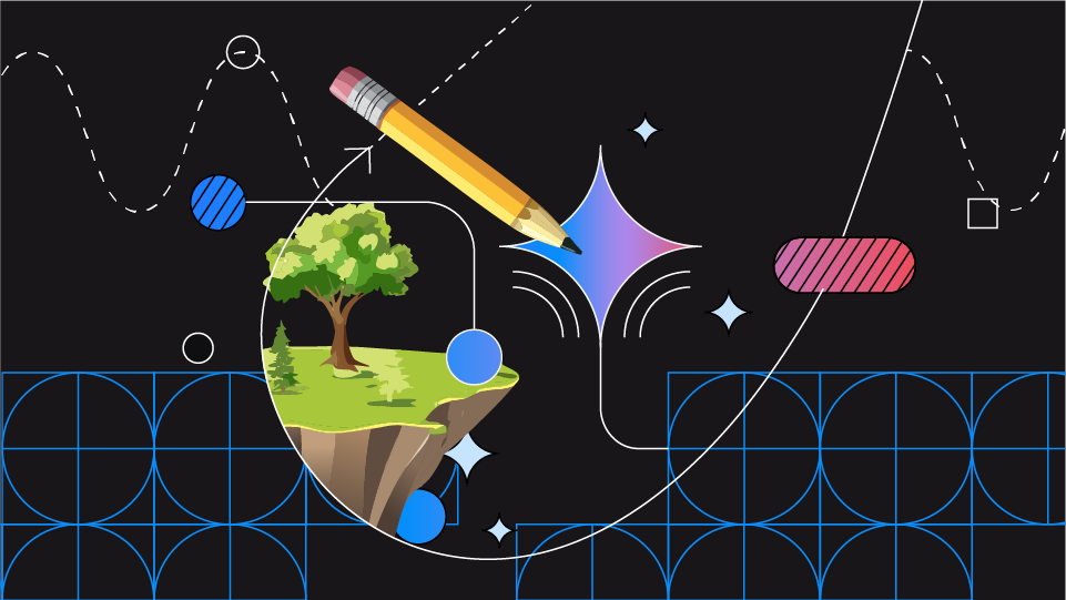 עיפרון ונוף מסוגנן של עץ על אי צף.