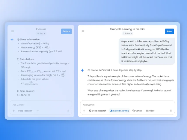 A "Before and After" side-by-side comparison on outputs in Gemini Pro 2.5. The left shows a direct physics answer, while the right "Guided Learning" mode uses Socratic questioning to help the student solve the rocket energy problem.