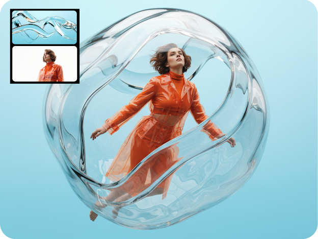 A surreal digital art piece of a woman in an orange coat floating inside a transparent, liquid-like glass sphere, with small sidebar thumbnails showing the original source images used for the composition.