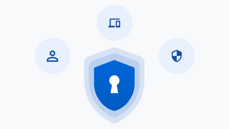 A blue shield with a keyhole surrounded by user and device icons.