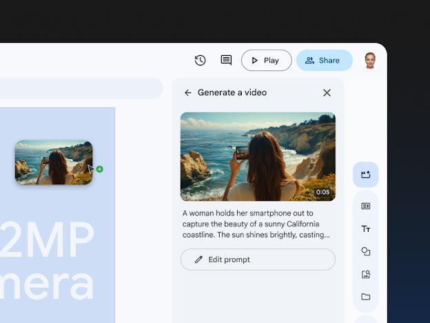 A Google Vids user interface showing a "Generate a video" sidebar. Next to a presentation slide, it displays a 5-second preview of a woman filming a coastline and an "Edit prompt" button.