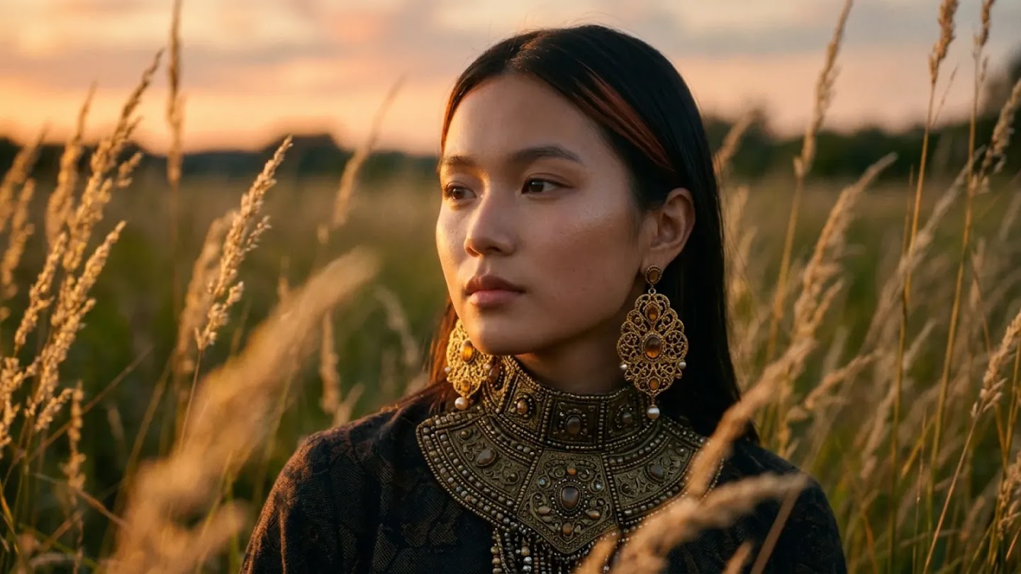 A young woman stands in a field of tall grass during a golden hour sunset. She wears an intricate, heavy gold collar necklace and matching ornate earrings, with her face softly lit by the warm glow of the setting sun.