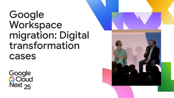 Botón de reproducción de YouTube incorporado en un video sobre la migración a Google Workspace en Google Cloud Next 25

