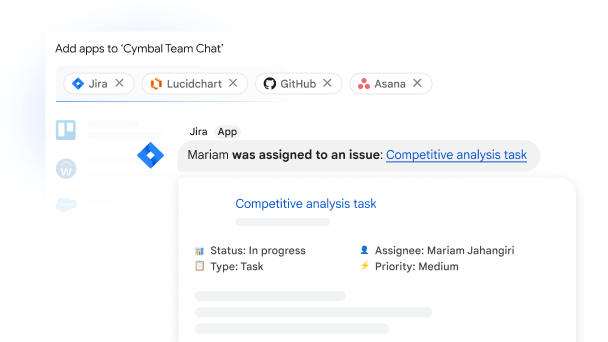 Google Chat interface displaying Jira being added to a team chat. The pop out window shows the various components of a project like status, type, assignee, and priority. 