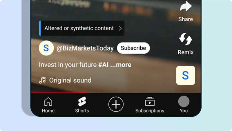 YouTube Shorts interface showing an "Altered or synthetic content" label.