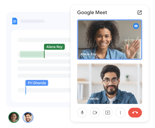 Two team members on a Meet call from Docs