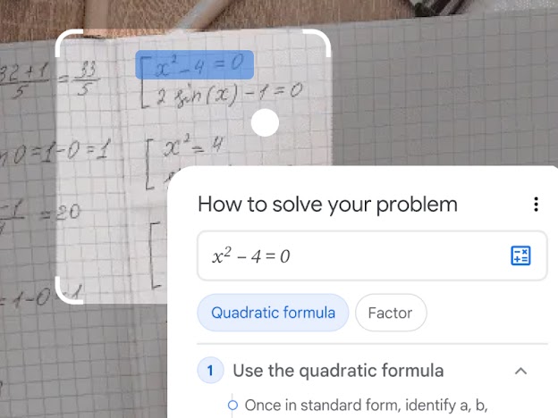 A close-up of a mobile device using Google Lens to highlight the equation $x^2 - 4 = 0$ on graph paper, displaying step-by-step "How to solve" instructions.
