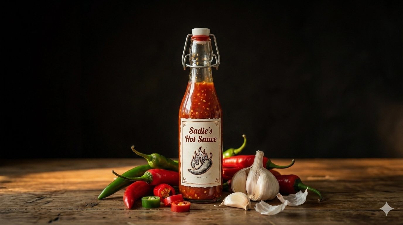 A swing-top glass bottle filled with red chili sauce sits prominently on a rustic wooden surface. Fresh red and green peppers, along with whole garlic cloves, are arranged around the base against a dark, moody background.