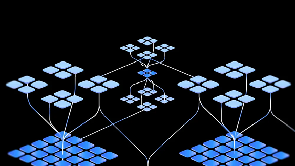 Abstract diagram of blue square nodes connected by flowing white lines representing a complex neural network.
