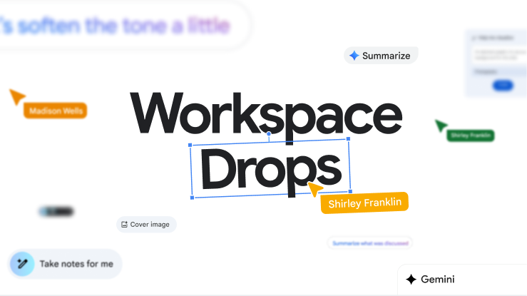 "Workspace Drops" is featured in the center of an image showing various collaborative options and the text "Gemini."