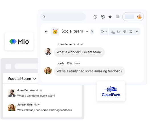 Chat windows featuring the logos of third-party interoperability solutions, Mio and CloudFuze.