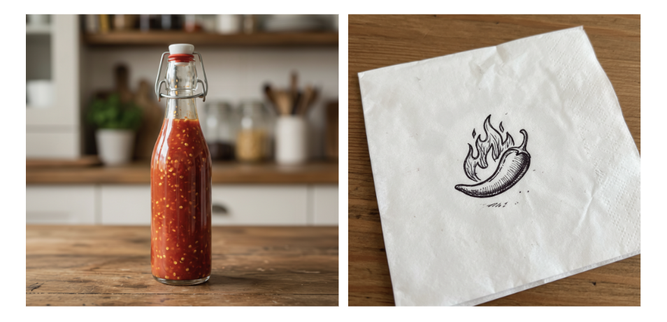 On the left, a glass swing-top bottle filled with red chili sauce sits on a wooden table in a kitchen. On the right, a white paper napkin features a simple black ink drawing of a chili pepper surrounded by flames.