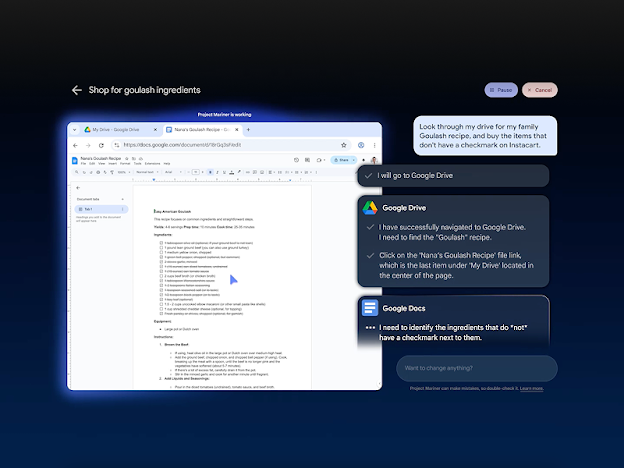 A browser window showing a "Nana's Goulash Recipe" Google Doc. An AI sidebar tracks progress as it identifies missing ingredients by cross-referencing the document with a shopping list.