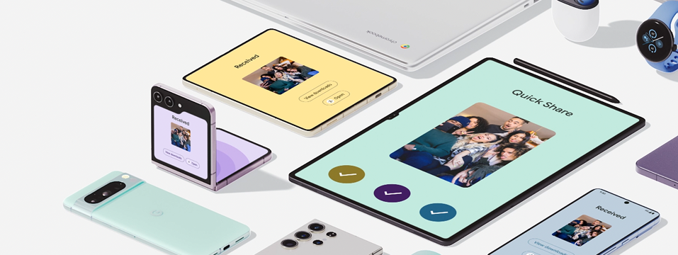 Multiple Android devices, including a flip phone, smartwatch, TV, phone, and tablet.