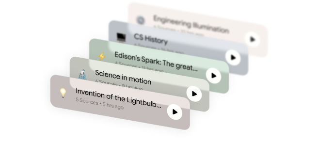 Stacked cards with science and history topics next to play buttons.