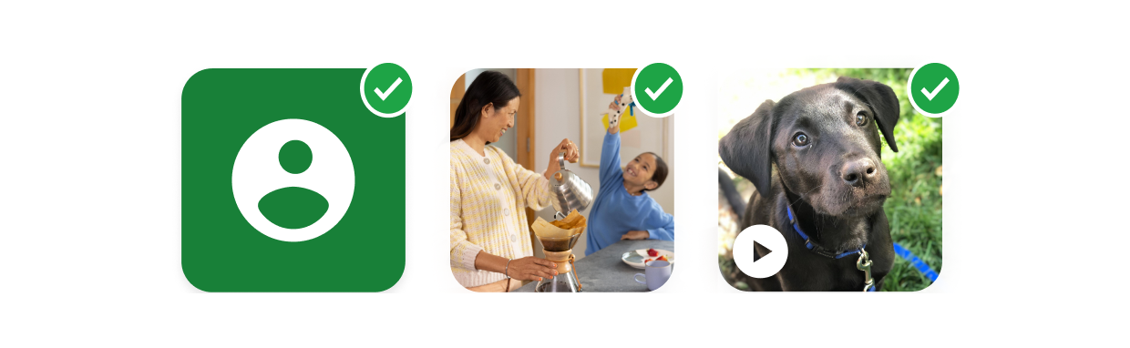 Selected profile, photo, and video items with checkmarks.