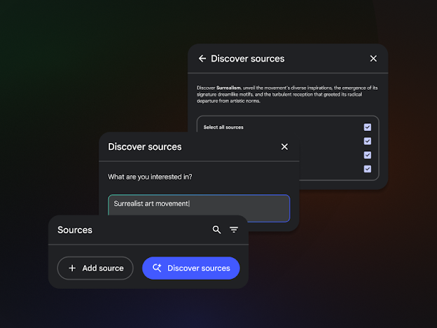 A layered UI showing the process of entering a research topic, "Surrealist art movement," into NotebookLM to generate a summary and a list of selectable reference sources.
