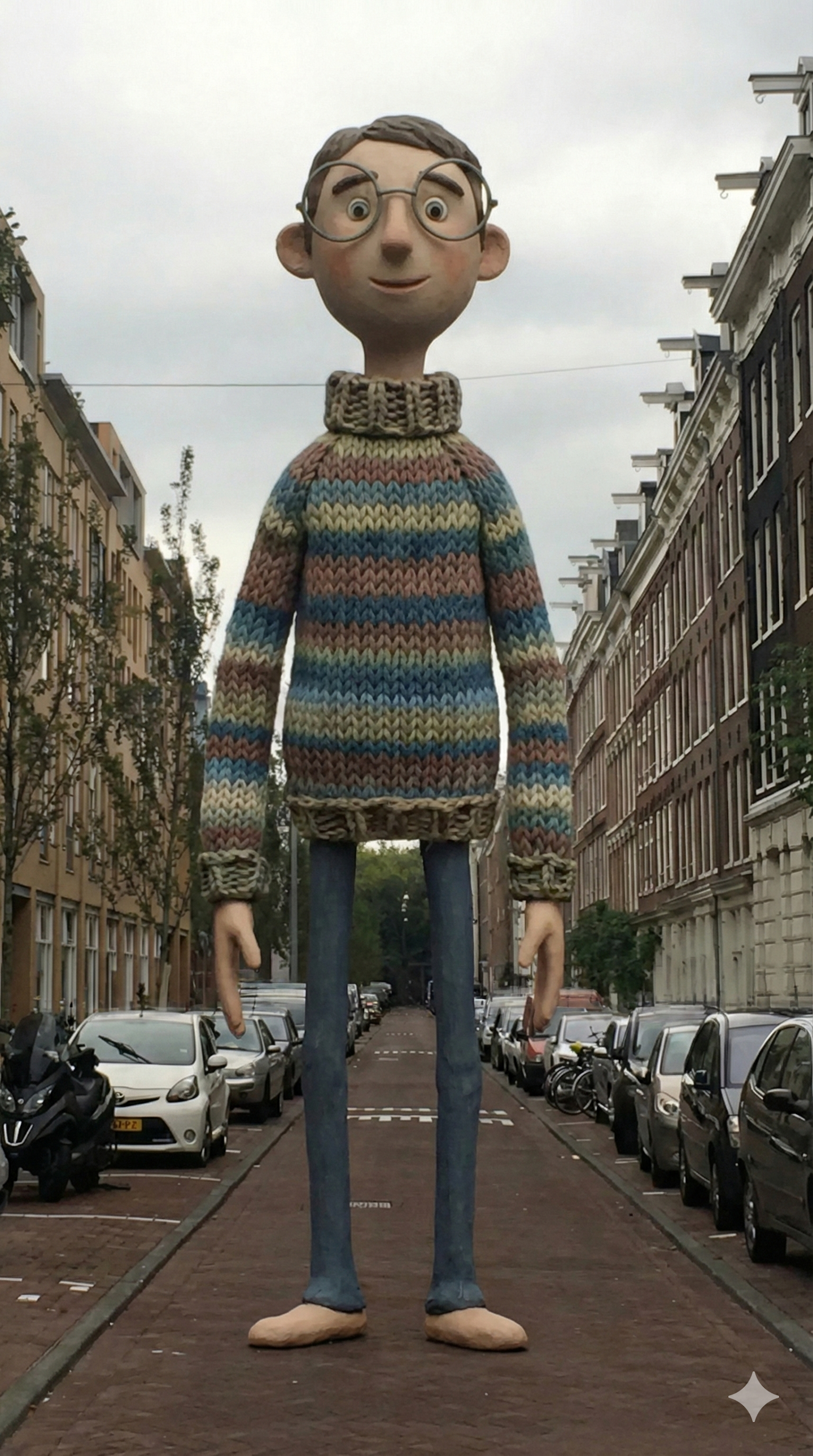 A tall, clay-like figure of a man with round glasses and a striped turtleneck sweater towers over a street lined with parked cars and European-style buildings. The figure has elongated legs and a friendly expression under a grey, overcast sky.