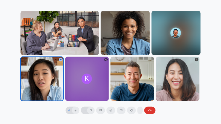 A grid of smiling faces in a Google Meet video conference.
