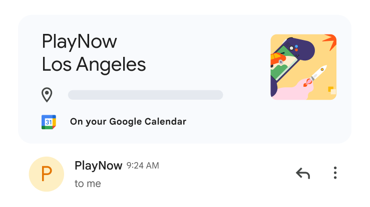 「PlayNow Los Angeles」イベント確認カード（Google カレンダーへの同期オプション付き）