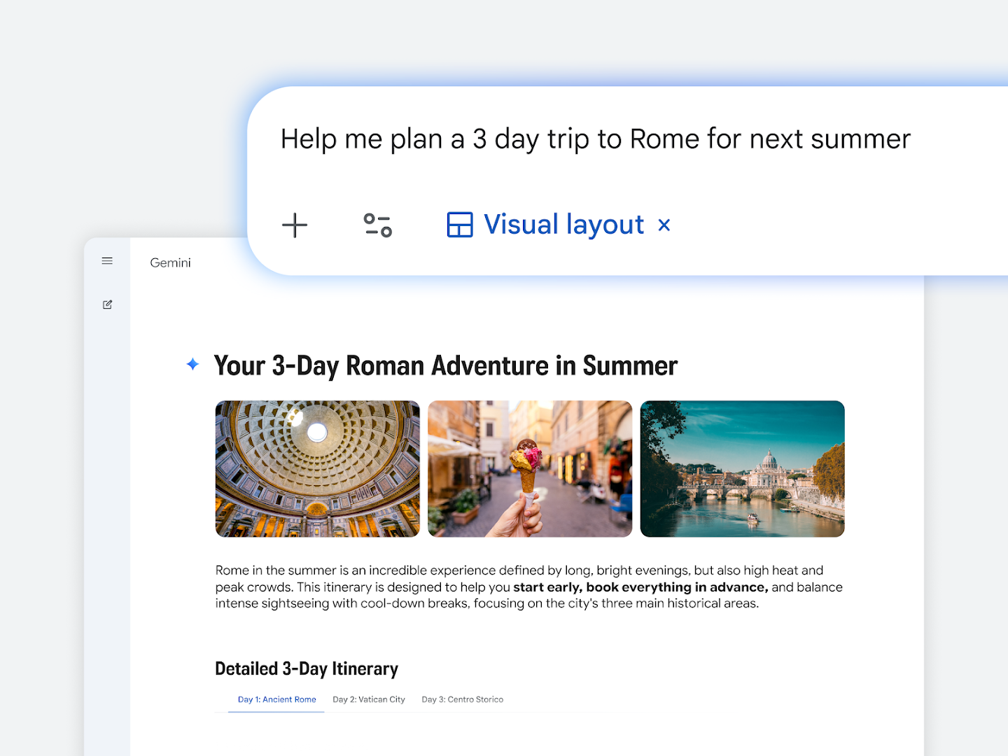 The Gemini UI showing a prompt for a 3-day Rome trip with the "Visual layout" toggle enabled. The response includes a formatted itinerary with images of the Pantheon, gelato, and St. Peter's Basilica.
