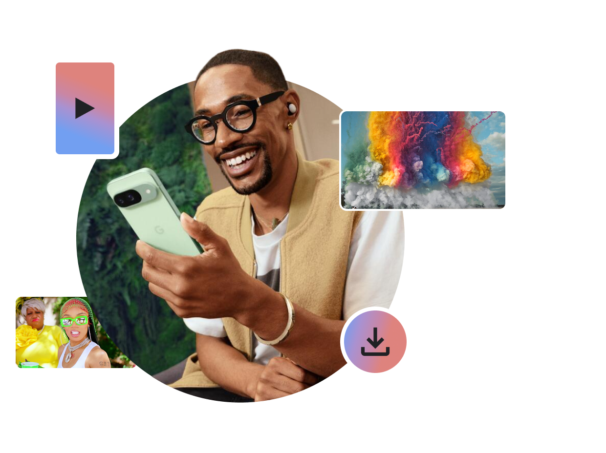Smiling man using a Pixel phone, surrounded by media icons and video stills.