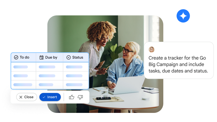 Gemini in Google スプレッドシートを使ってキャンペーンのトラッカーを作成している 2 人の人物。